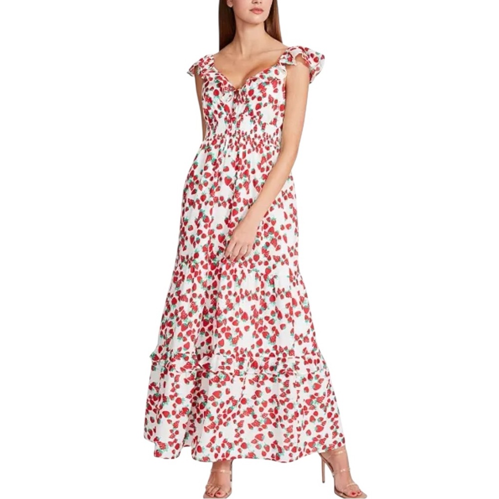 Betsey Johnson Strawberry Print Voile Ruffled-Neck Maxi Dress size XS Cap Sleeve